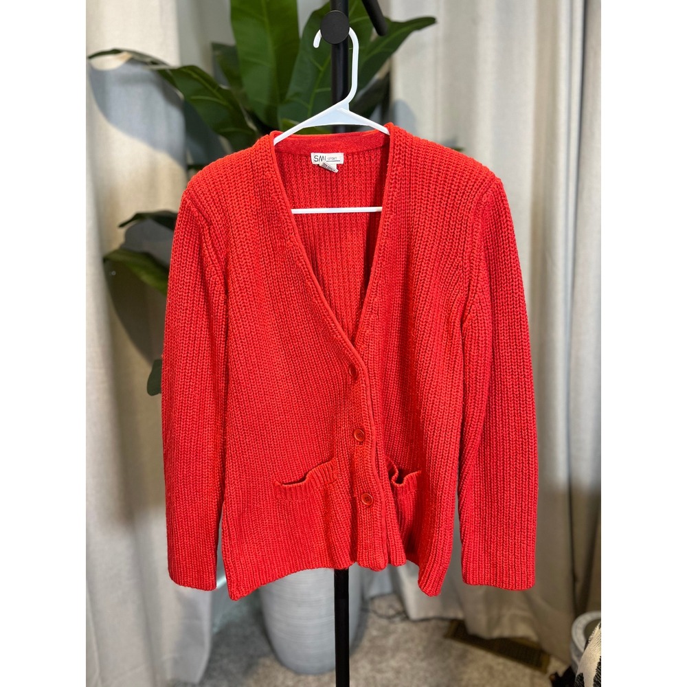 Vintage SML Sport Red Silk Blend Shaker Knit Button Front Cardigan Sweater L
